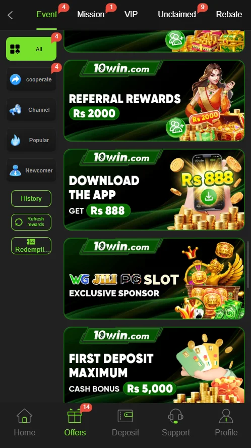 10win Game Bonuses and Events