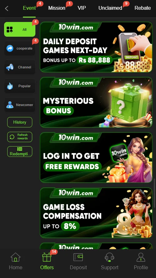 10win Game Bonuses and Events