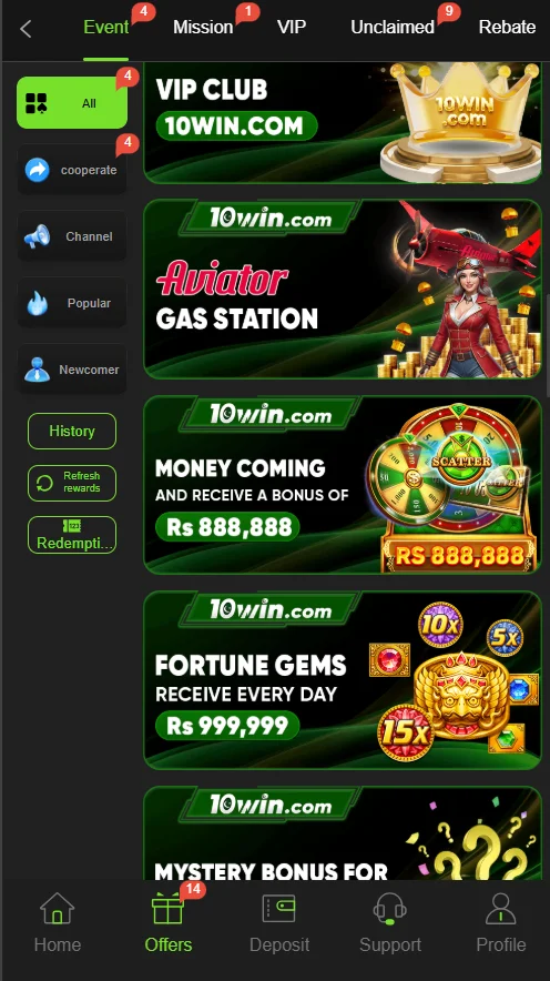 10win Game Bonuses and Events